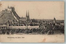 71083 W7033 Herrenberg im Gäu 1917 Gebrauchsspuren Panorama der Stadt aus dem Jahre 1643 mit Schloss und Stiftskirche Künstlerkarte Feldpost WK I
