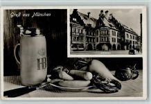 W8000 München Bierkrug, Brezel und Weißwurst, Hofbräuhaus Hofbräuhaus 1938 Foto AK