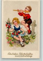 Kinder mit einer Flöte AK Geburtstag 1935