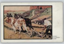 Bauer mit Pflug - Künstler sign Georgi - Gespann mit Ochse und Pferd Landwirtschaft