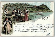 Druck 1890 - 1895 Gruss vom Rhein , Lithographie Wein 1896 Vorläufer