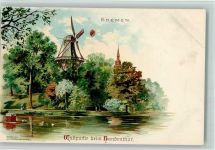 28195 W2800 Bremen Lithographie Wallpartie beim Heerdentor Windmühle