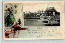 5020 Salzburg 1906 Prägedruck Nonnthal Burg Gemsgeweih Wanderausrüstung Pfeife Lithographie