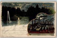 44787 W4630 Bochum 1900 Lithographie / Mondschein Stadtpark Fontäne Bochumer Verein Fabriken Schornsteine