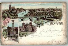 89231 W7910 Neu-Ulm 1899 Lithographie Portal der Friedenskirche Kriegerdenkmal Ulm