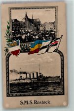 O2500 Rostock SMS Rostock Fahnen Wappen Verlag Gebr. Lempe Serie Jupiter Dess. 33 Marine WK I 1914 Foto AK
