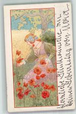 Frau pflückt Mohnblumen sign. Alexandre de Riquer - Sommer Jahreszahl Jugendstil 1900