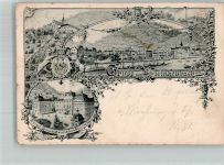 63924 W8764 Kleinheubach Gebrauchsspuren Panorama des Ortes mMit dem Löwensteinischen Schloss Engelsberg und der Presstuch-Fabrik Lithographie Eckbug