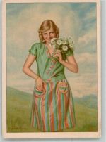 sign. Hermann Schieberth Frau mit Margeriten Indanthren 1932 Gebrauchsspuren