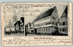 71272 W7253 Renningen 1906 Gebrauchsspuren Hauptstrasse Gasthaus zum Adler Rathaus Pfarrhaus Kirche Stauchung