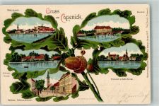 10115 O1199 Köpenick 1902 Gebrauchsspuren Lithographie Eichenblatt Seminar Schlosskirche Postamt Rathaus Schlossstrasse Stauchung