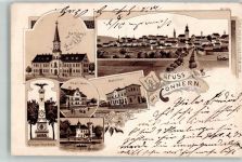 06420 O4340 Könnern 1898 Lithographie Rathaus Kriegerdenkmal Bahnhof Postamt Georgsburg Stadtwappen Bahnpost Halle-Löhne zug 349