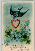 Geburtstag Vogel mit einem Herz aus Rosen Vergissmeinnicht Glücksklee Schwalbe 1909 Prägedruck