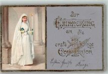 Weiß gekleidetes Kommunionmädchen mit Kerze Golddruck Kommunion 1901 Prägedruck