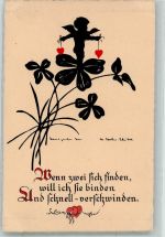 Scherenschnitt Kleiner Amor mit Herzen auf Glücksklee Sachse-Schubert, M. Künstlerkarte