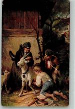 sign. Baumgartner Freche Jungs melken eine Ziege Galerie Münchner Meister Nr. 376 Ziege 1923 Künstlerkarte