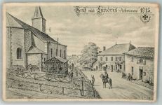 54970 Landres 1916 Gebrauchsspuren Feldpost WK I Stark-Strom-Abteilung des XVI.A-K. Kirche Radierung
