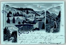 78148 W7741 Gütenbach 1901 Lithographie / Mondschein Die Schlucht Tunnel Postkutsche