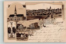 06420 O4340 Könnern 1900 Lithographie Rathaus Bahnhof Kriegerdenkmal Georgsburg Postamt