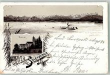 82347 W8139 Bernried , Starnberger See 1894 Lithographie Verläufer Druck um 1890 Starnberger See Salondampfer Alpen