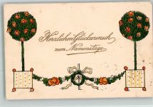 Rosenstämmchen mit Blumengirlande Namenstag 1906 Prägedruck