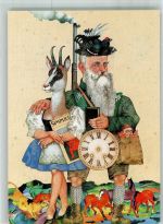 sign. Prechtl Die Prinzregentenzeit im Stadtmuseum Uhr Jagd Frau mit Gemsenkopf Simplicissimus Künstlerkarte