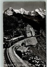 Wilderswil Schynige Platte Bahn mit Eiger Mönch und Jungfrau Photoglob 02921 Hüttenstempel Zahnradbahn Foto AK