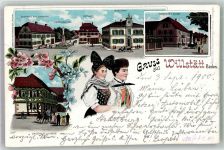 77731 W7608 Willstätt 1900 Lithographie Volkstracht Rathaus Gasthaus zur Krone Gasthaus zum Adler Gasthaus zum Schwanen
