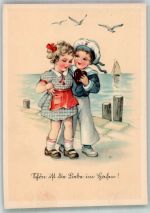 Kindlicher Matrose mit Lebkuchenherz für sein Mädel WK II Matrosenliebe Künstlerkarte