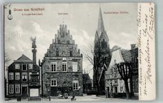 48465 W4443 Schüttorf 1913 - Kriegerdenkmal Rathaus und Kirche Mariä Verkündigung Fotograf Löhnberg Bahnpost Salzbergen Zug 918