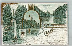 33829 W4807 Cleve 1900 Gebrauchsspuren Amphietheater Denkmal Säule Schwanenburg Lithographie