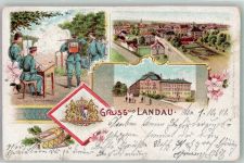 94405 W8380 Landau a d Isar 1901 Lithographie Soldaten Schießstand Wappen Trommel Feldhorn