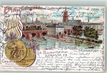 60308 W6000 Frankfurt am Main 1901 Lithographie Gasthaus Pfungstätter-Bierhalle Goldene Medaille Kaiserdom Mainbrücke