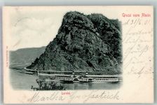 W5421 Loreley Raddampfer unterhalb des berühmten Felsens Rheinschiff 1901 Foto AK