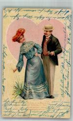 Verliebtes elegantes Paar vor großem Herz Poesie / Liebe Hutmode Prägedruck