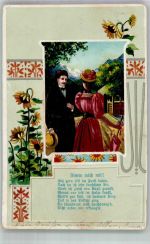 Verliebtes Paar auf einer Wanderung im Hochgebirge Blumen Jugendstil Liebe 1912 Prägedruck