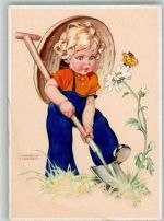 sign. Lungers-Hausen Kleines Kind mit Spaten bei der Gartenarbeit beäugt einen Schmetterling Künstler Künstlerkarte