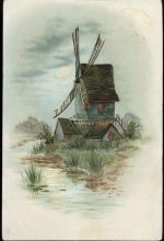 Windmühle, Fluss, Künstler-AK AKU2 Bauwerk 1908