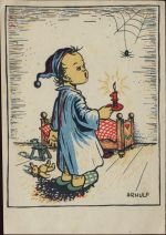 Kleiner Junge mit Kerze, Teddy, Spinne im Netz. Nr. 209,Dennoch-Verlag,sign. Arnulf Spinne 1950