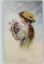 Glamour Frau - Hutmode - Blumen - "Von ihm" Liebe Glamour Künstlerkarte