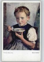 Bauernkind mit Suppe - Trachten - Riss, Th. Künstlerkarte