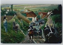 Soldatenleben Artillerie wird von Pferden durch ein Dorf gezogen, die Leute schauen zu Militärtechnik 1909