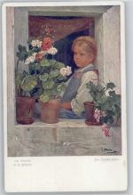Mädchen am Fenster - Blumentöpfe Straka, J. 1924 Künstlerkarte