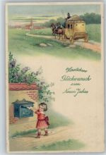 Neujahr - Mädchen steckt Brief in den Briefkasten, Postkutsche fährt vorbei Briefkasten 1915 Prägedruck