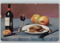 Besteck, Hühnerschenkel, Flasche Wein, Früchte - Stilleben Schönian, A. Künstlerkarte