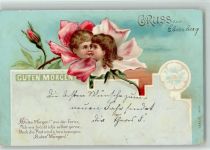 Serie 9079 Guten Morgen - Kinderkuß in den Blüten Metamorphose 1899 Lithographie