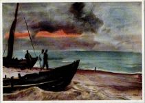 Abend am Strand sign Alfred Mühler Bild 4-1 AK Fischerboote Künstler Hilfswerk WK II Künstlerkarte