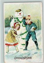 Neujahr - Schneebälle werfen , der Schneemann lächelt Schneemann Prägedruck