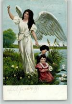 Kinder am See, sie spielen mit Seerosen 1905 AK Schutzengel