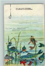 Eine Angel oben im Wasser, die Fische verstecken sich 1903 AK Fisch